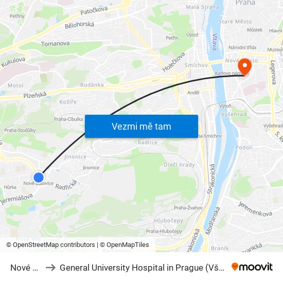 Nové Butovice to General University Hospital in Prague (Všeobecná fakultní nemocnice v Praze) map