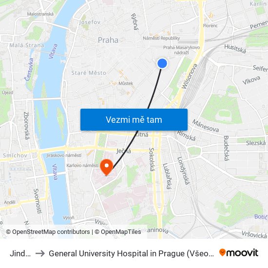 Jindřišská to General University Hospital in Prague (Všeobecná fakultní nemocnice v Praze) map