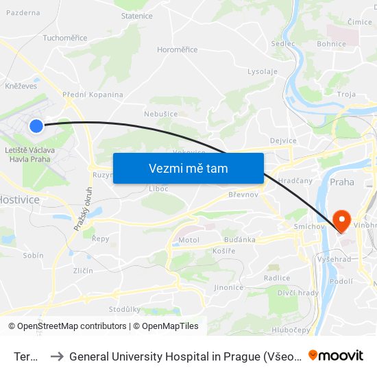 Terminál 1 to General University Hospital in Prague (Všeobecná fakultní nemocnice v Praze) map