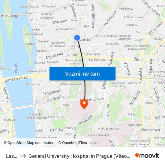 Lazarská to General University Hospital in Prague (Všeobecná fakultní nemocnice v Praze) map