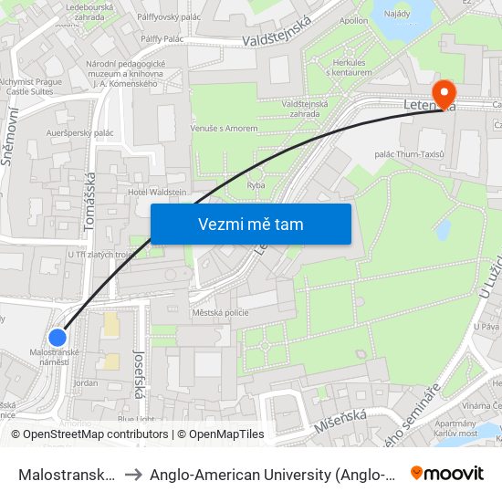 Malostranské Náměstí to Anglo-American University (Anglo-americká vysoká škola) map