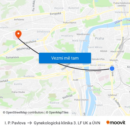 I. P. Pavlova to Gynekologická klinika 3. LF UK a ÚVN map