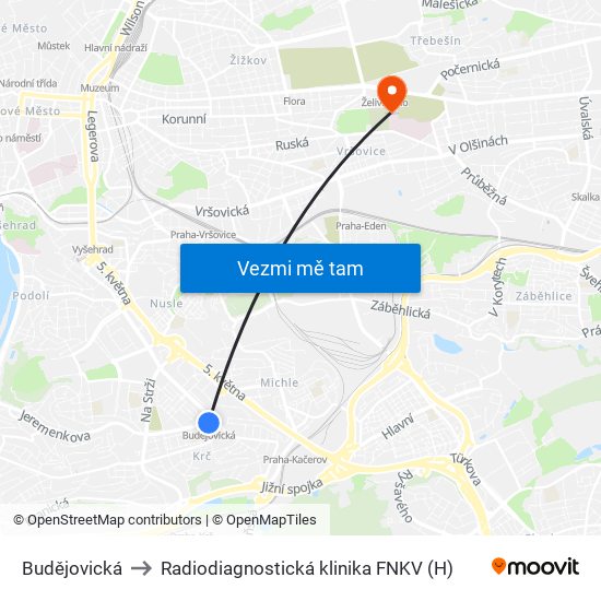 Budějovická to Radiodiagnostická klinika FNKV (H) map