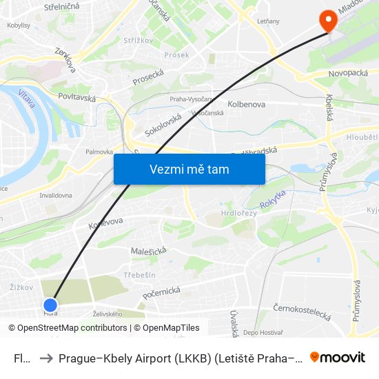 Flora to Prague–Kbely Airport (LKKB) (Letiště Praha–Kbely (LKKB)) map