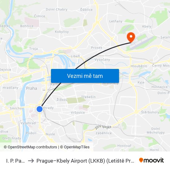 I. P. Pavlova to Prague–Kbely Airport (LKKB) (Letiště Praha–Kbely (LKKB)) map