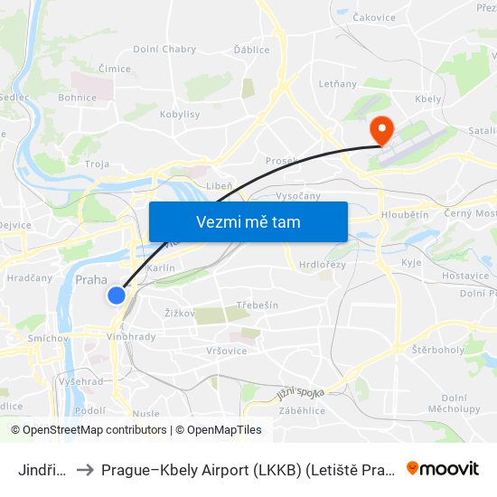 Jindřišská to Prague–Kbely Airport (LKKB) (Letiště Praha–Kbely (LKKB)) map