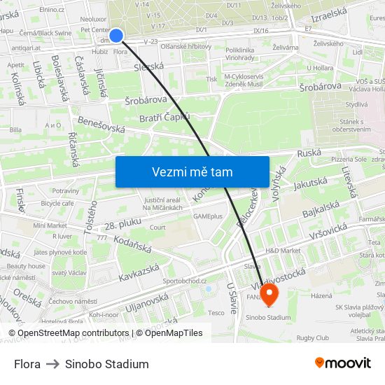 Flora to Sinobo Stadium map