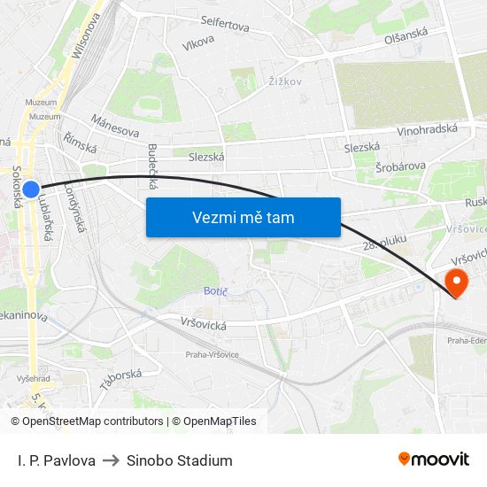 I. P. Pavlova to Sinobo Stadium map