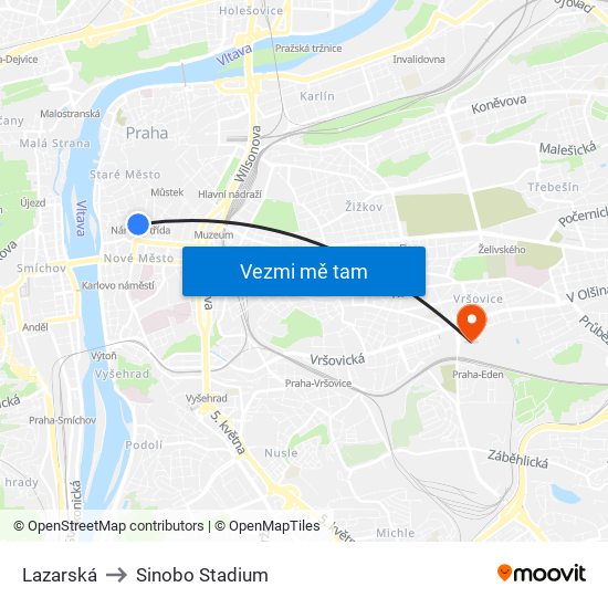 Lazarská to Sinobo Stadium map