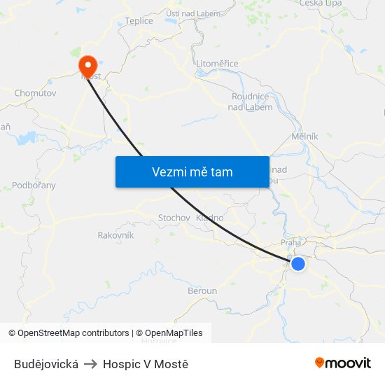 Budějovická to Hospic V Mostě map