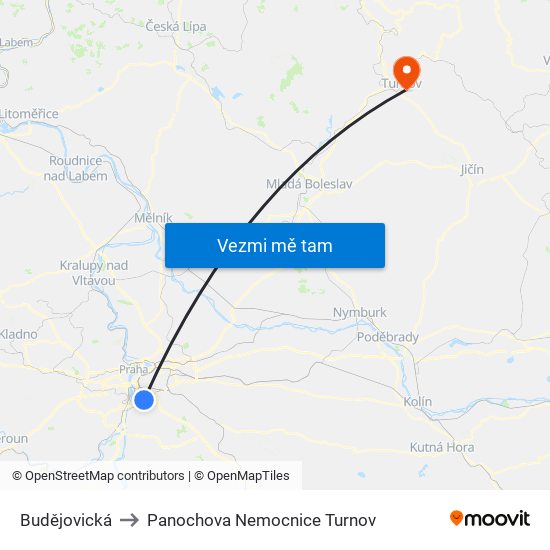 Budějovická to Panochova Nemocnice Turnov map