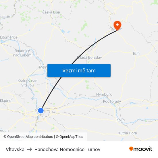 Vltavská to Panochova Nemocnice Turnov map