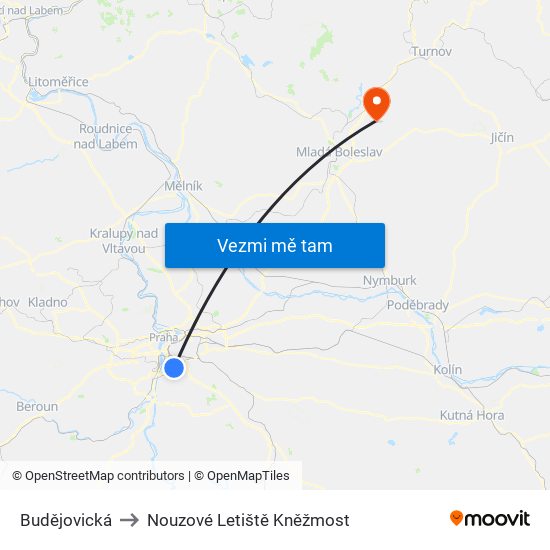 Budějovická to Nouzové Letiště Kněžmost map