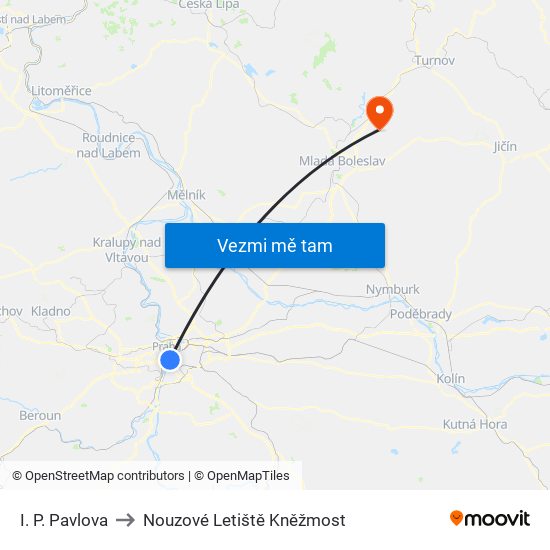 I. P. Pavlova to Nouzové Letiště Kněžmost map