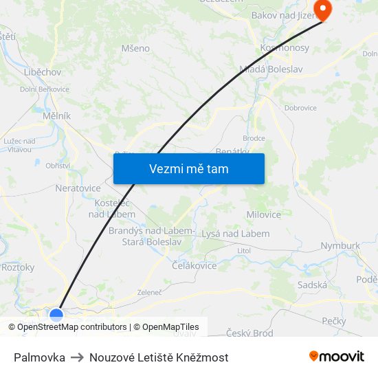 Palmovka to Nouzové Letiště Kněžmost map