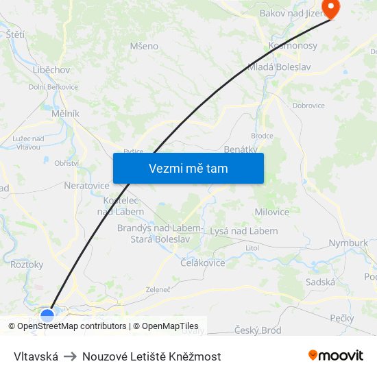 Vltavská to Nouzové Letiště Kněžmost map