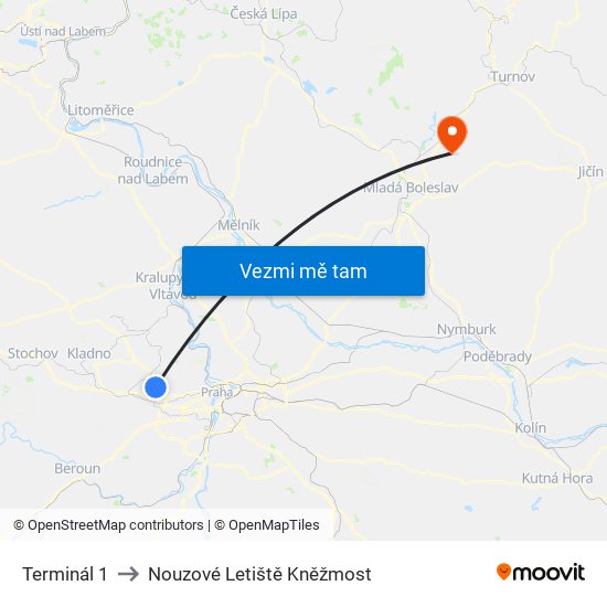 Terminál 1 to Nouzové Letiště Kněžmost map