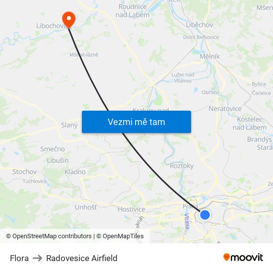 Flora to Radovesice Airfield map