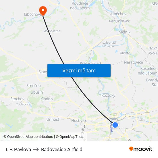 I. P. Pavlova to Radovesice Airfield map