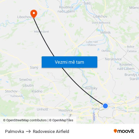 Palmovka to Radovesice Airfield map