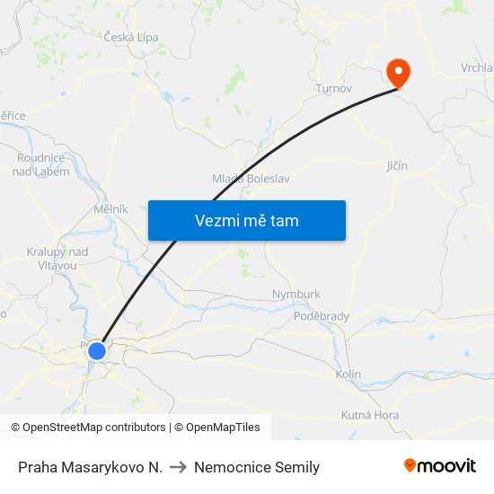 Praha Masarykovo N. to Nemocnice Semily map