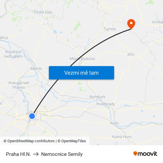 Praha Hl.N. to Nemocnice Semily map