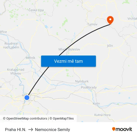Praha Hl.N. to Nemocnice Semily map