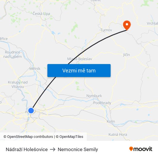 Nádraží Holešovice to Nemocnice Semily map