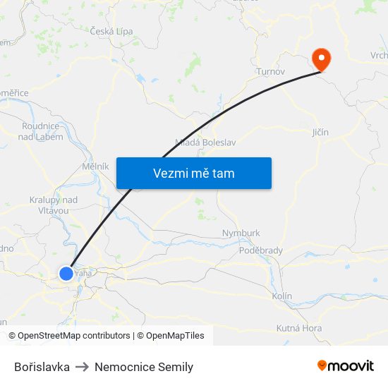 Bořislavka to Nemocnice Semily map