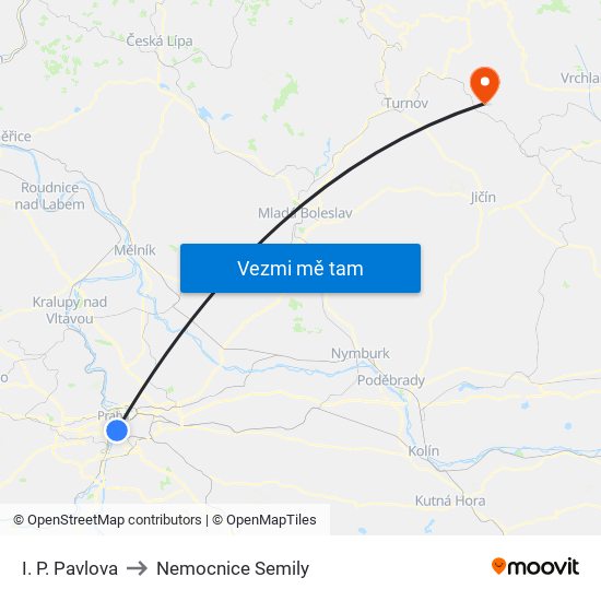 I. P. Pavlova to Nemocnice Semily map