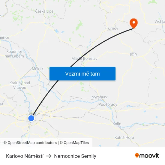Karlovo Náměstí to Nemocnice Semily map