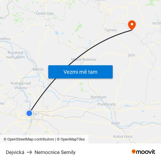 Dejvická to Nemocnice Semily map