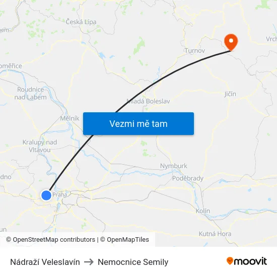 Nádraží Veleslavín to Nemocnice Semily map
