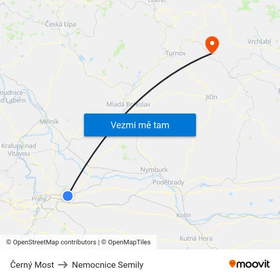 Černý Most to Nemocnice Semily map