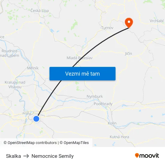 Skalka to Nemocnice Semily map