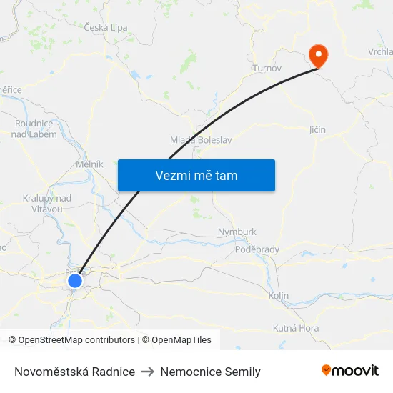 Novoměstská Radnice to Nemocnice Semily map