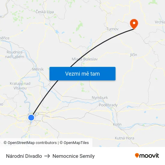 Národní Divadlo to Nemocnice Semily map