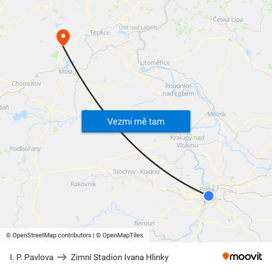 I. P. Pavlova to Zimní Stadion Ivana Hlinky map