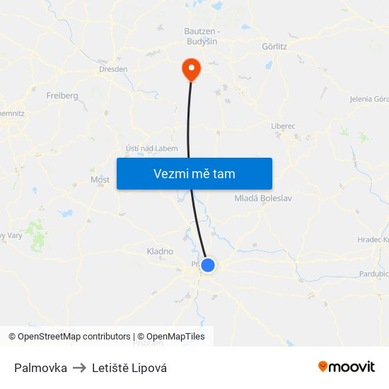 Palmovka to Letiště Lipová map