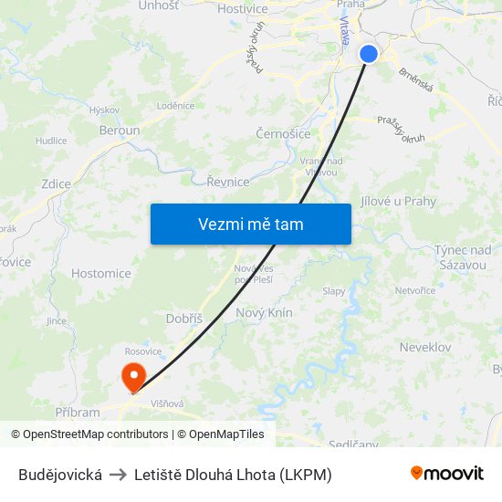 Budějovická to Letiště Dlouhá Lhota (LKPM) map