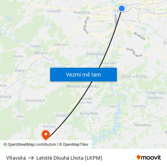 Vltavská to Letiště Dlouhá Lhota (LKPM) map