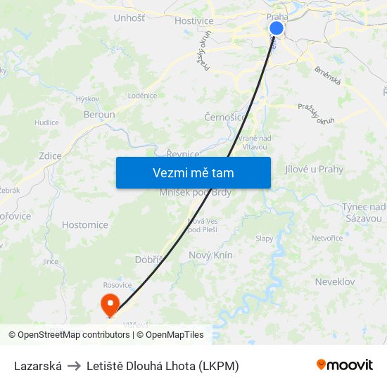 Lazarská to Letiště Dlouhá Lhota (LKPM) map