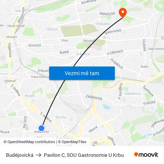 Budějovická to Pavilon C, SOU Gastronomie U Krbu map