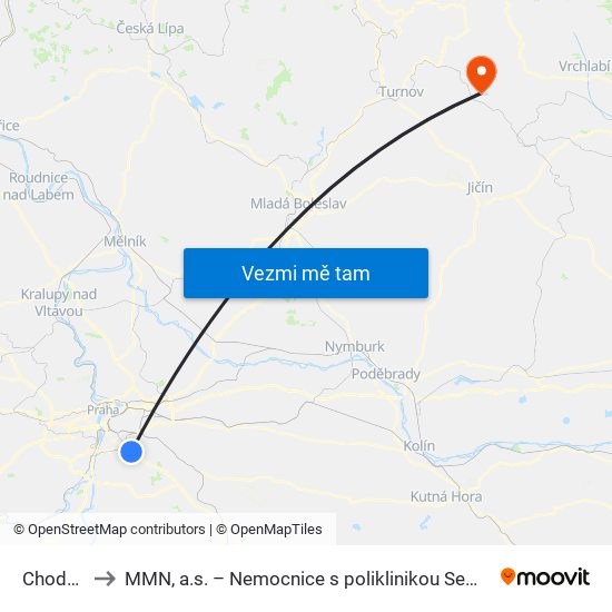 Chodov to MMN, a.s. – Nemocnice s poliklinikou Semily map