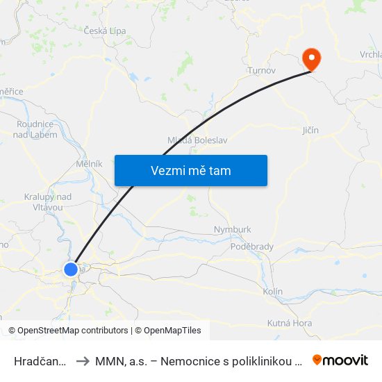 Hradčanská to MMN, a.s. – Nemocnice s poliklinikou Semily map