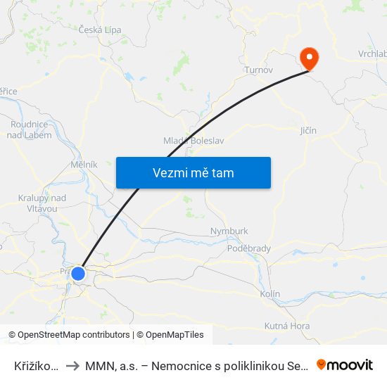 Křižíkova to MMN, a.s. – Nemocnice s poliklinikou Semily map