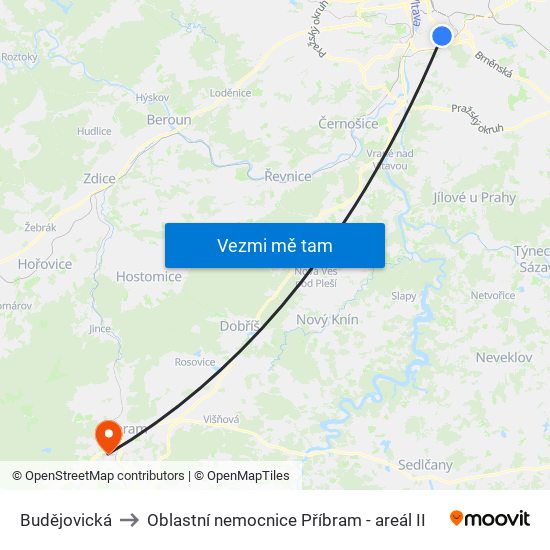 Budějovická to Oblastní nemocnice Příbram - areál II map