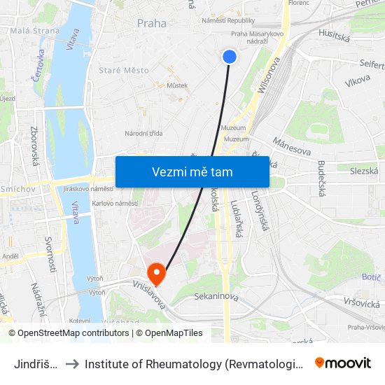 Jindřišská to Institute of Rheumatology (Revmatologický ústav) map