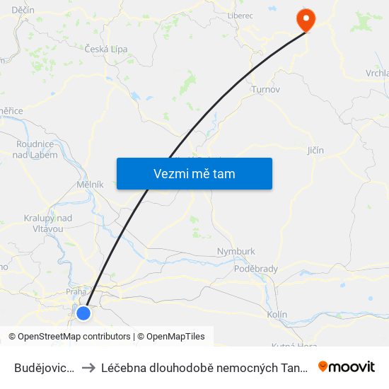 Budějovická to Léčebna dlouhodobě nemocných Tanvald map