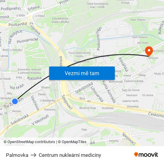 Palmovka to Centrum nukleární medicíny map